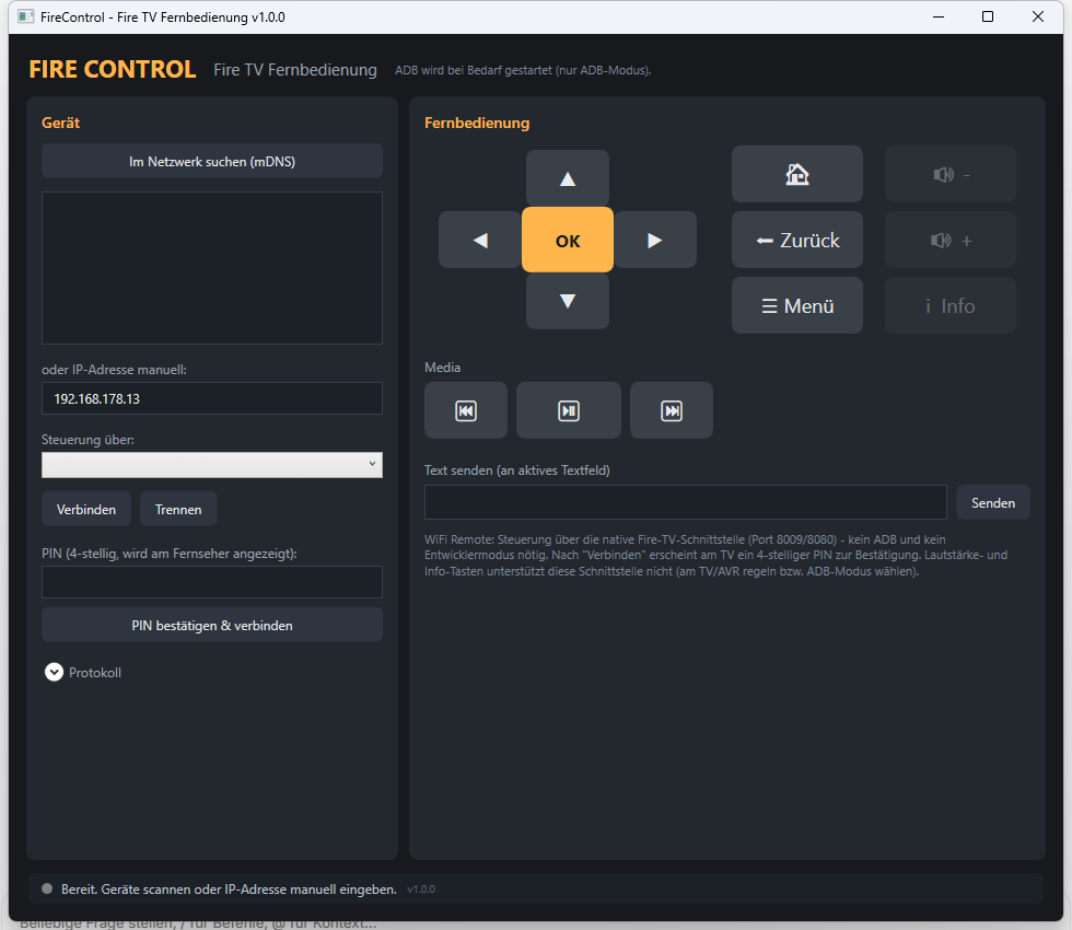 FireControl-Hauptfenster: Fire TV Fernbedienung für Windows mit Steuerkreuz, Media-Tasten und Verbindungsstatus